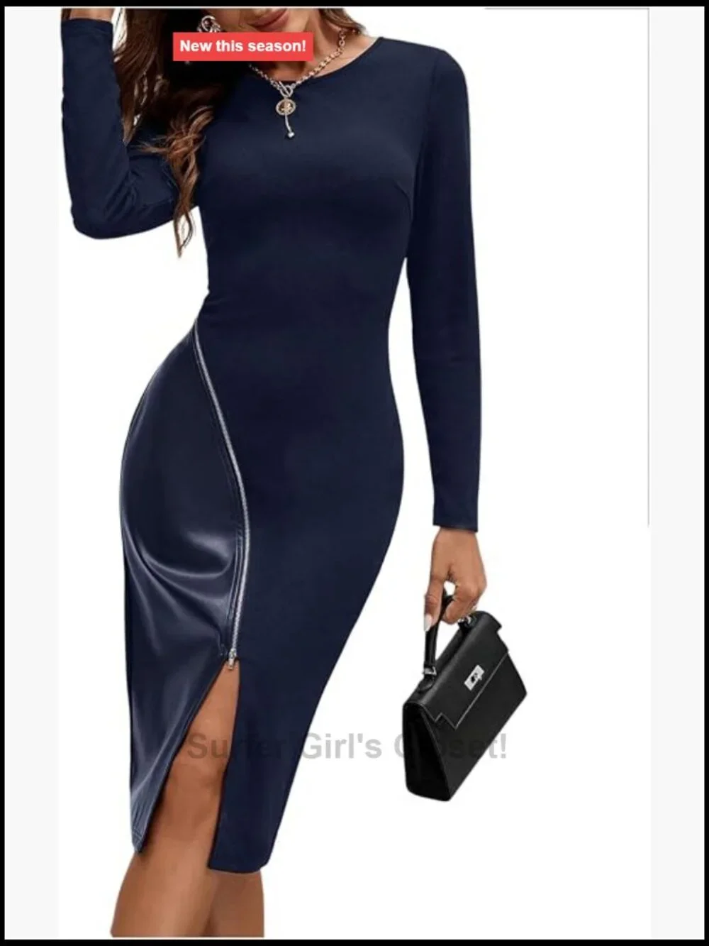 Patchwork Leather Bodycon Dress Long Sleeve Zipper Split Hem